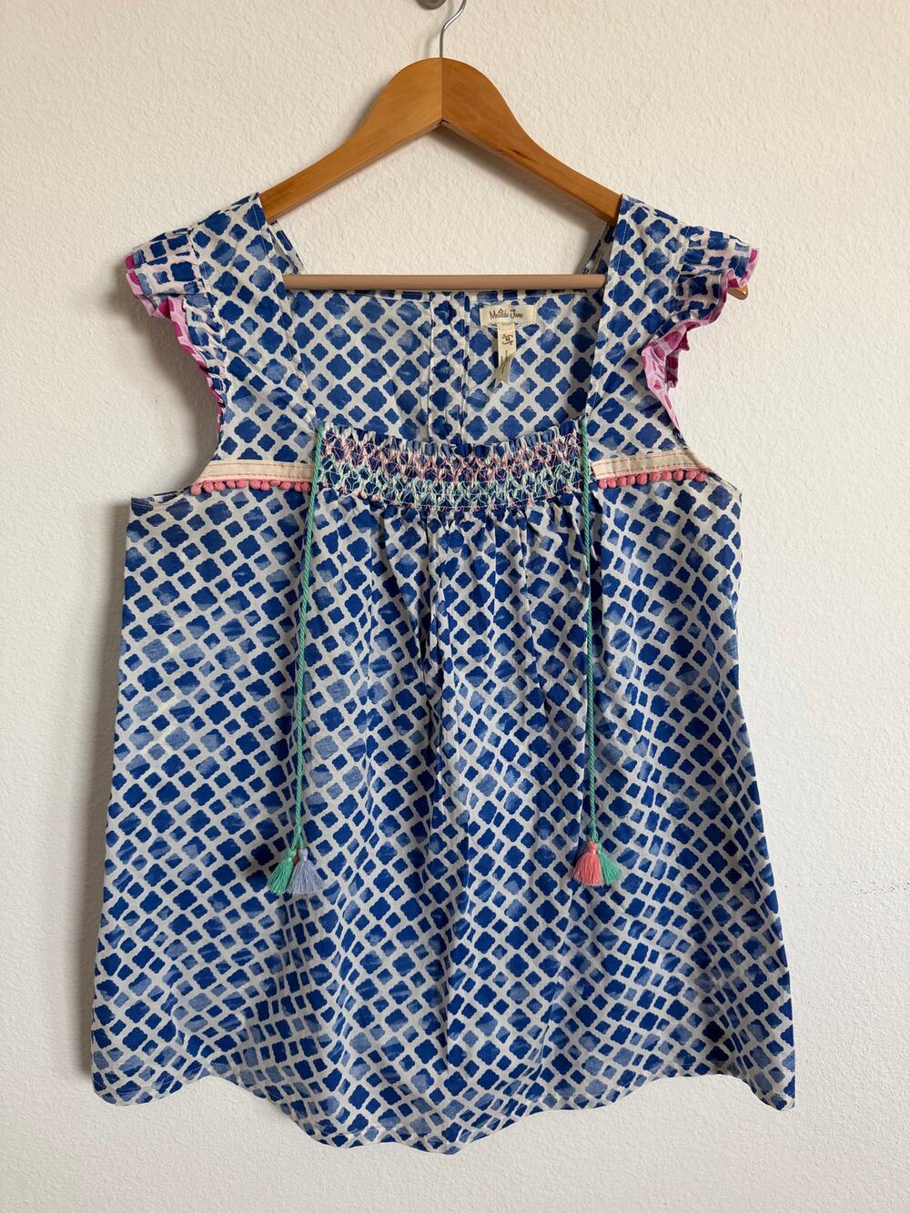 Matilda Jane Women’s Wondering Waters Blue Flutter Sleeve Blouse Top Size Medium